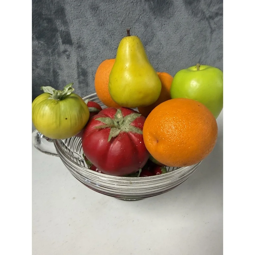 Vtg Anchor Hocking Manhattan Clear Glass Pedestal Fruit Bowl & Faux Fruit Set